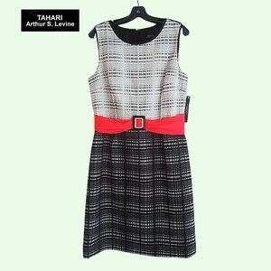 TAHARI ASL NEW Preppy Chic Embossed Plaid Faux Buckle Belt Mini Dress 12